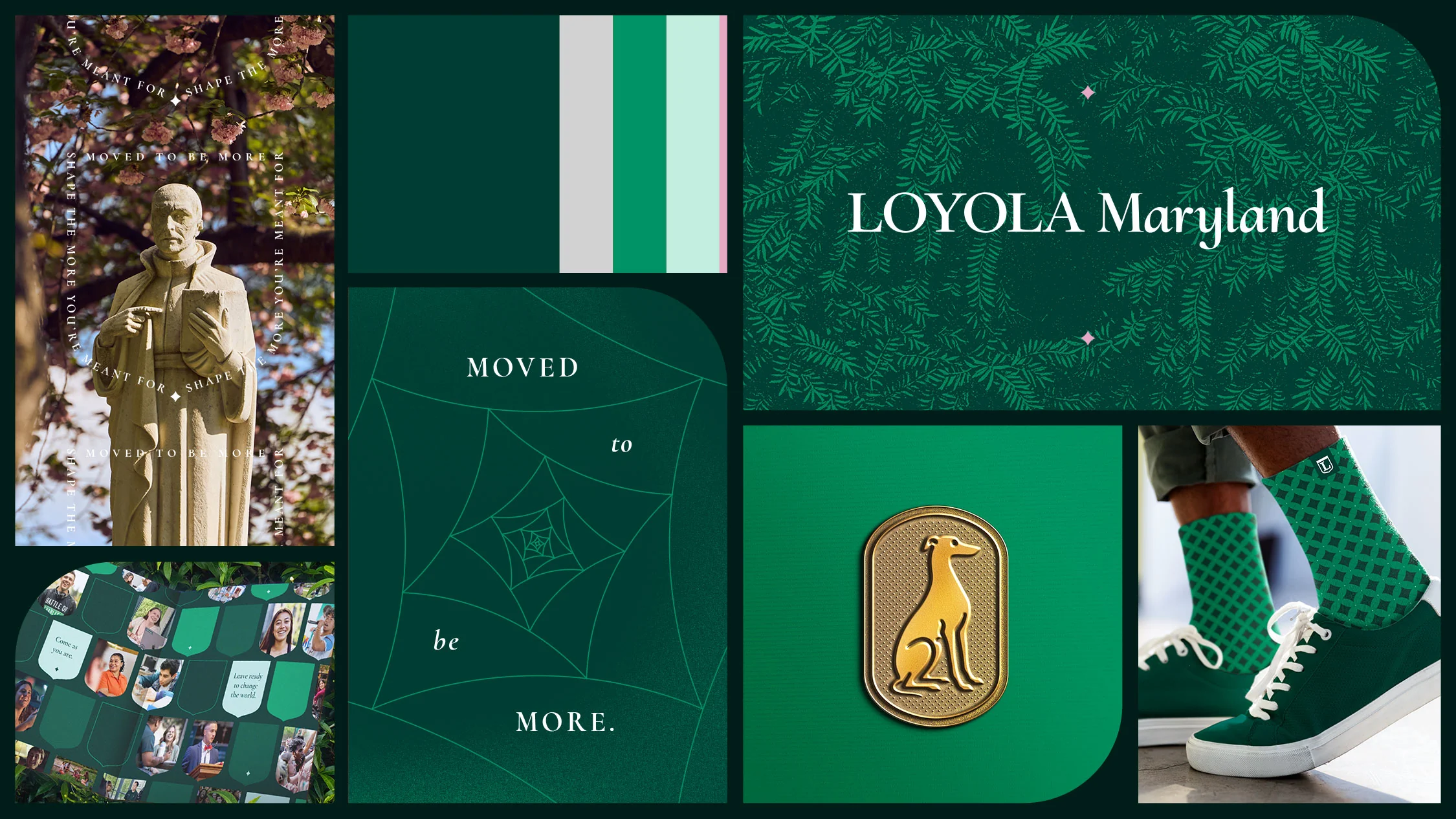 Loyola Maryland identity system with shield, patterns, typography and branded merchandise