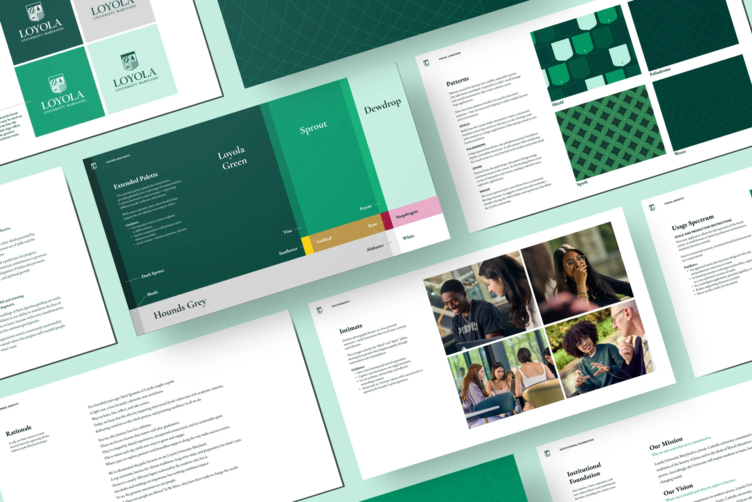Loyola Maryland brand guidelines showing typography, color palette, patterns and photography